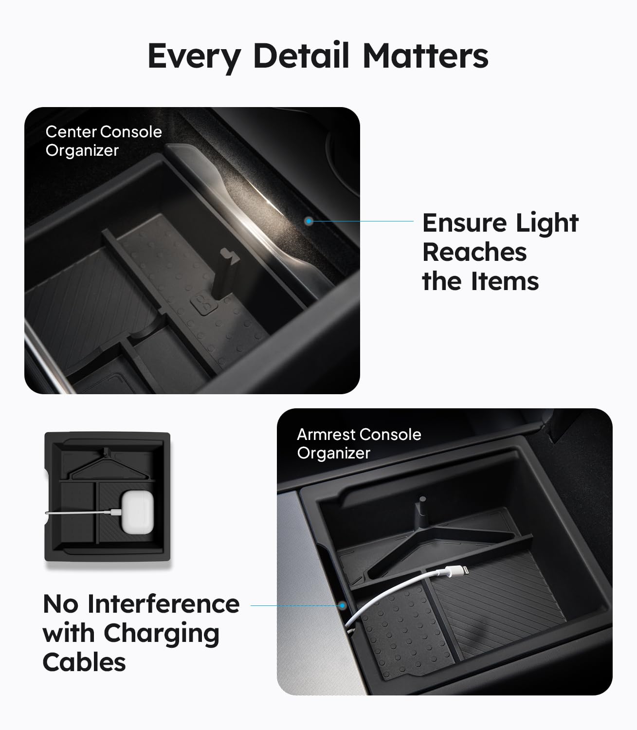 Wigoo Center Console Organizer for Tesla Model Y Juniper (Only Premium & Performance 2025 2026) and All Model 3 Highland Accessories [Double-Layer Storage, Smooth Sliding] 4PCS Black