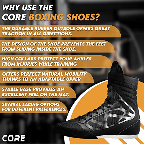 CORE Boxing Shoes - Lightweight Boxing Shoes for Men & Women - Boxing Training Shoes with High Support – High Traction Boxing Boots - Breathable Lace Up Boxer Shoes – Mens Kickboxing Shoes White
