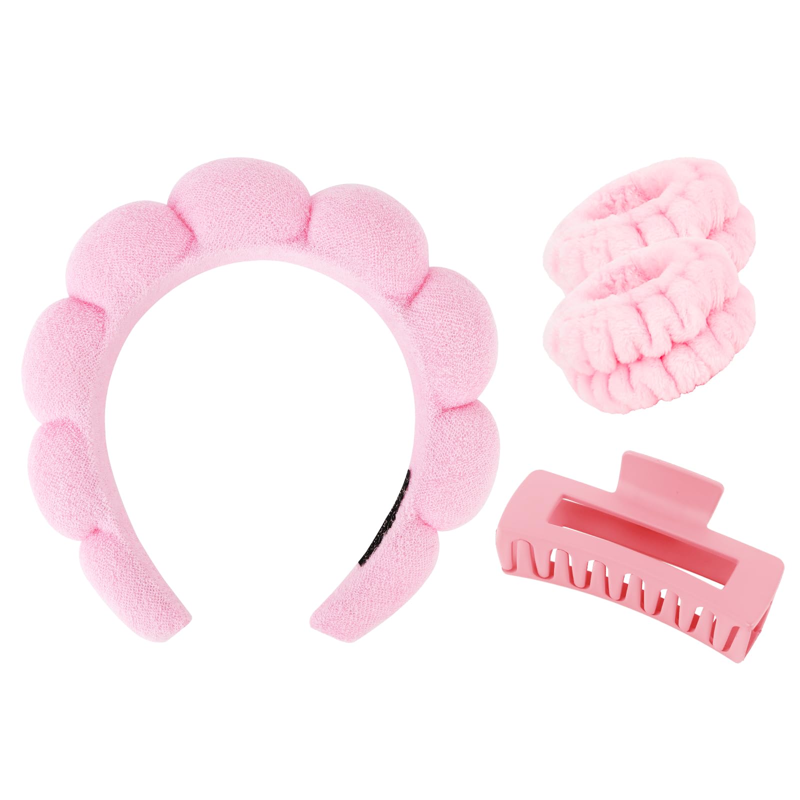 Wecoe Spa Headband Set - Skincare Headband, Hair Clips, Pink Puffy Makeup Headband, Scrunchies, and Wrist Towels For Women and Girls