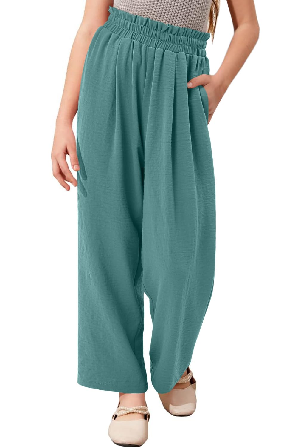 Yoklass Girla Casual Pants Blue Elastic High Waistes Pull On Trousers Cute Wide Leg Pant 4-5 Years