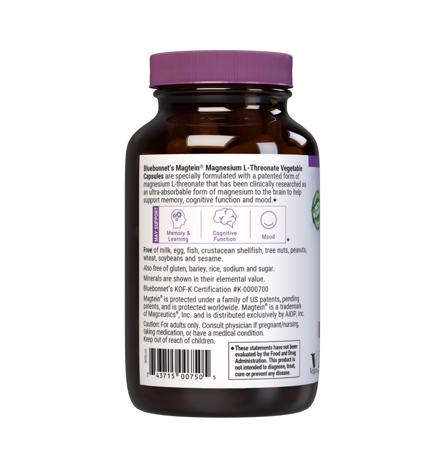 Bluebonnet Nutrition Magnesium L-Threonate, Memory & Cognitive Support*, Non-GMO, Vegan, Kosher Certified, Gluten-Free, Soy-Free, 90 Vegetable Capsules, 30 Servings