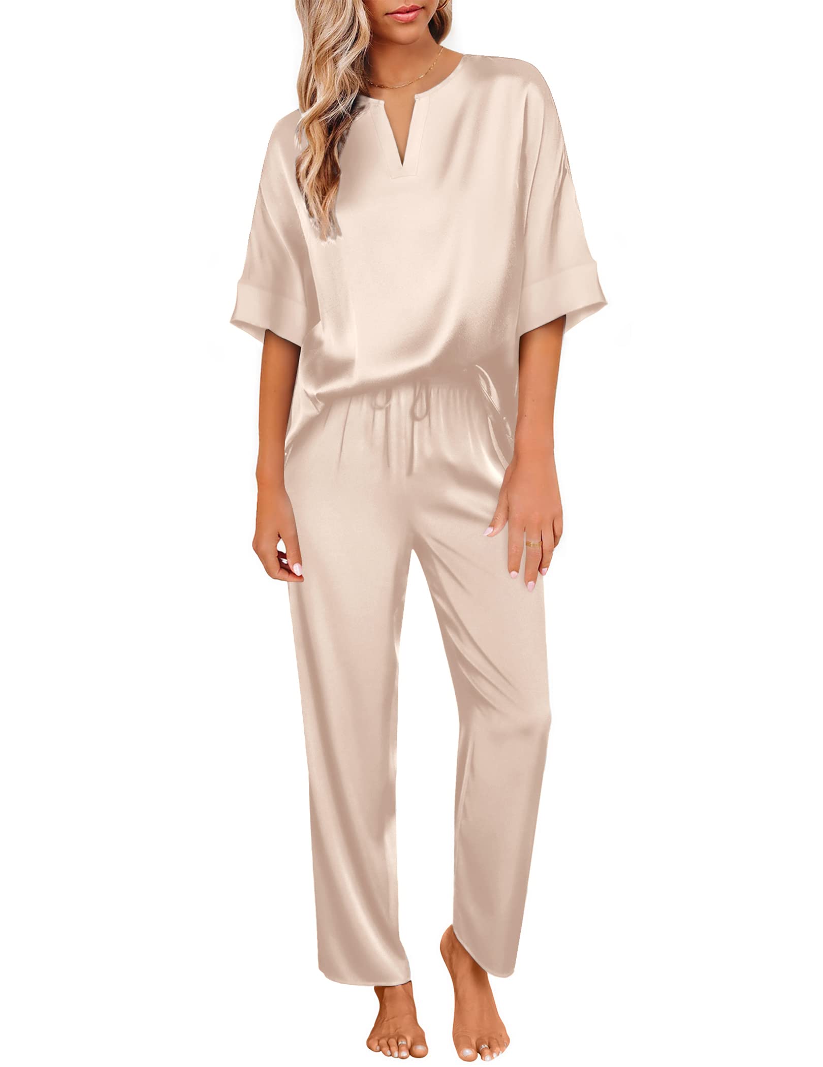 Ekouaer Satin Pajama Set Womens Silk Short Sleeve V Neck Shirt with Long Pant Soft Loungewear Pjs Set Champagne