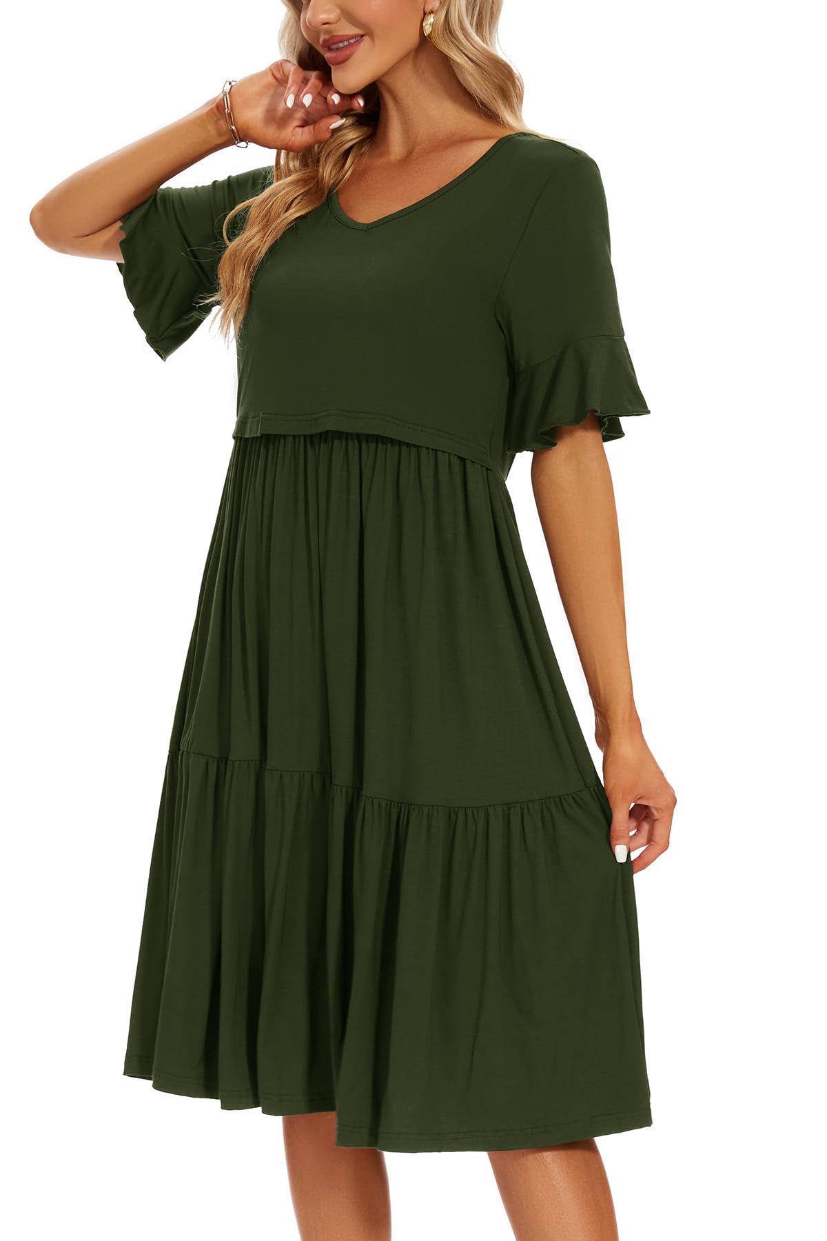 Smallshow Women's Maternity Nursing Dress Ruffle Short Sleeve Breastfeeding Clothes Medium Army Green