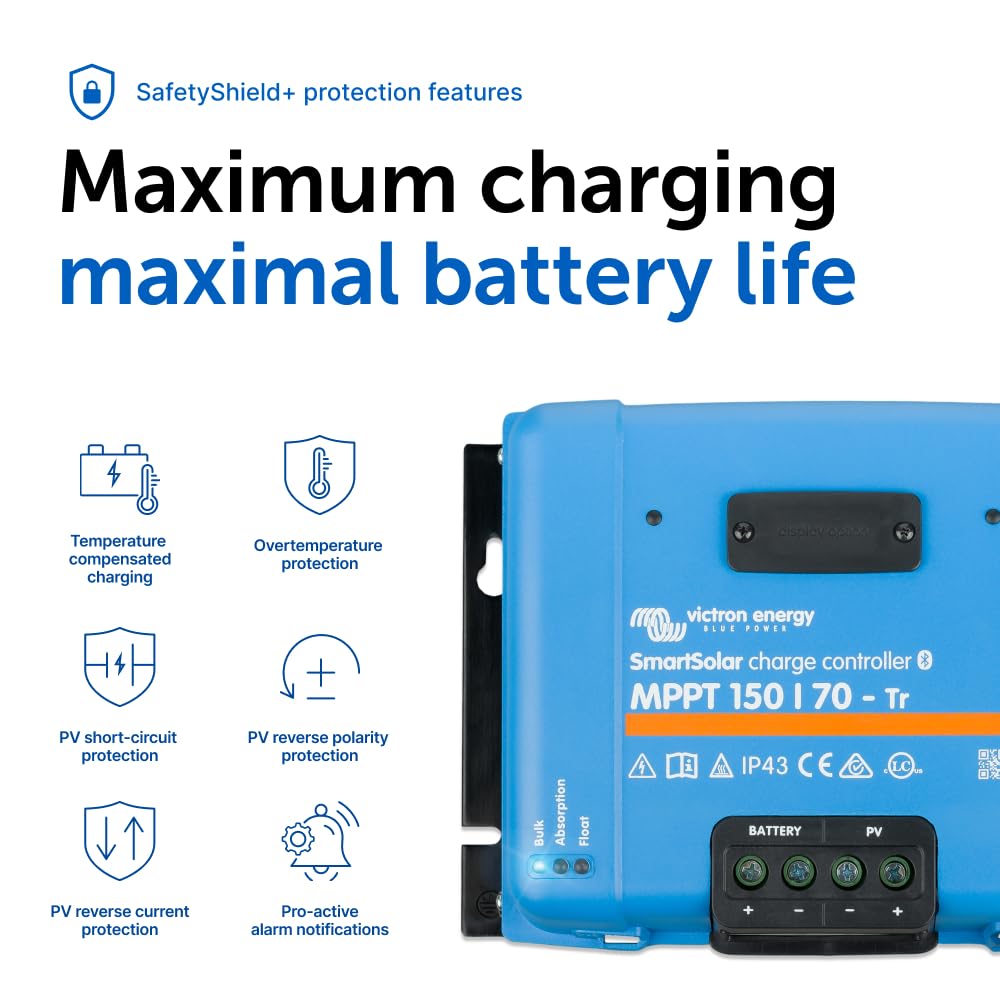 Victron Energy SmartSolar MPPT Tr Solar Charge Controller (Bluetooth) - Charge Controllers for Solar Panels - 150V, 70 amp, 12/24/36/48-Volt