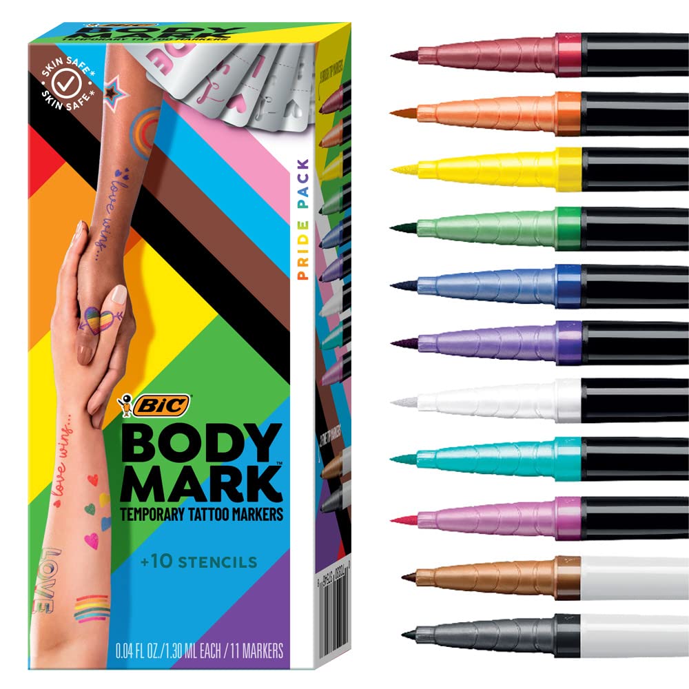 BIC BodyMark Temporary Tattoo Markers for Skin, Pride Pack, Flexible Brush Tip, 11-Count Pack of Assorted Colors, Skin-Safe, Cosmetic Quality