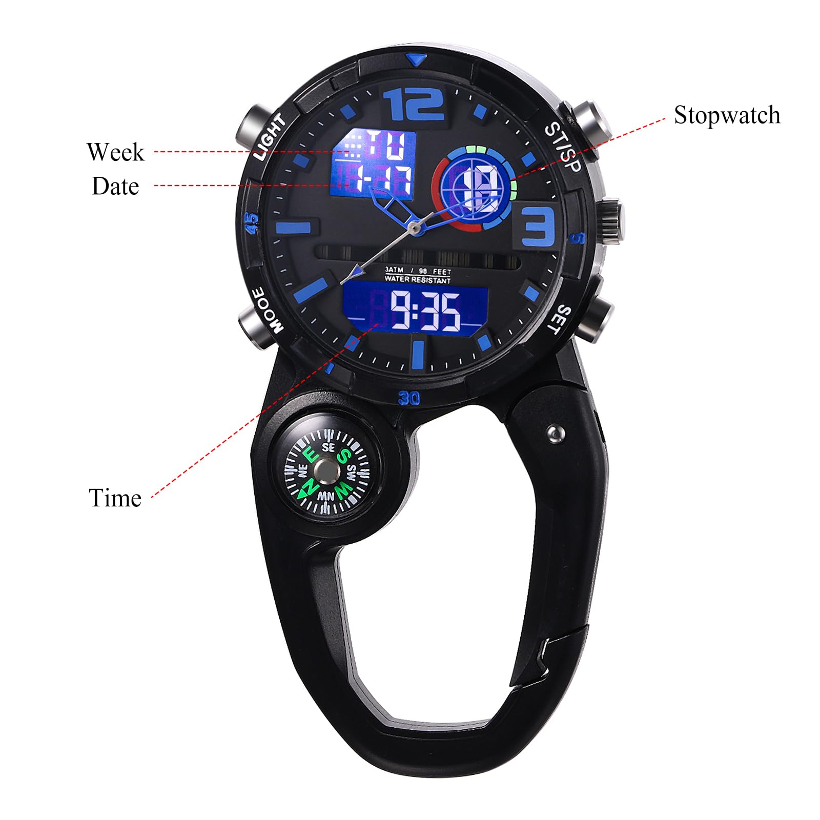 Lancardo Clip on Carabiner Watch: Multi-Function Backpack Watch for Men Women Analog Digital Date LED Alarm Sport Watch Hiking Climbing