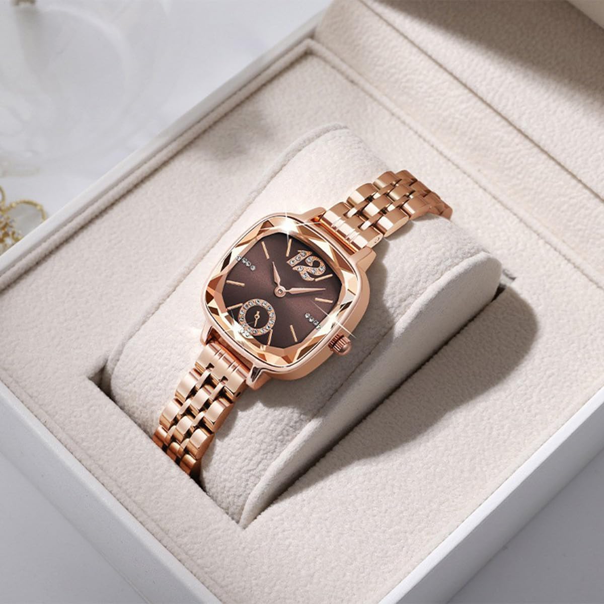 BESTKANG Women's Watch Square Diamond Dress Fashion Steel Belt Waterproof Quartz Wrist Watches for Women (Rose Gold Brown)
