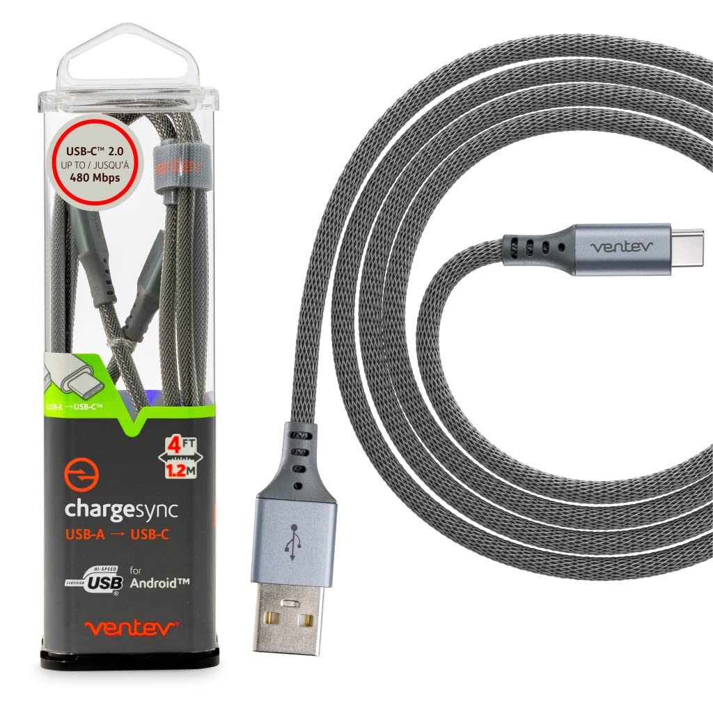 Ventev Chargesync Alloy Cable | Type A-C, Supports Rapid Rate Charging up to 3A, Transfers Data to Most PC or MAC, Ultra-Sleek Aluminum Housing, No-Fray Durability, Rapid Charging | 4ft Steel Gray