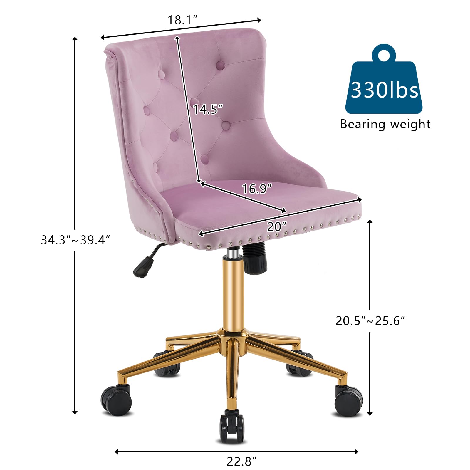 VINGLI Mauve Purple Armless Home Office Desk Chair with Gold Base/Wheels, Small Cute Vanity/Makeup Chair with Back for Bedroom, Upholstered Adjustable Rolling Swivel Nail Chair for Women/Girls