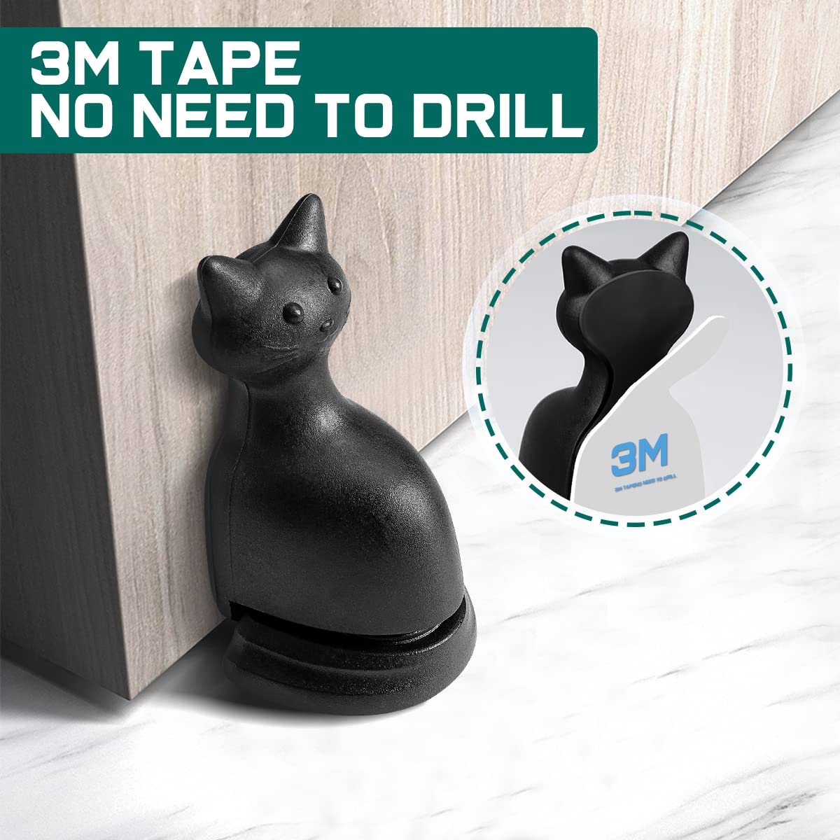 Magnetic Door Stop for Bottom of Door - 2 Pack Door Stopper Black Cat Shape Catch Wall Protector, Heavy Duty Door Stop with 3M Adhesive Tape, Hold Keep Door Open