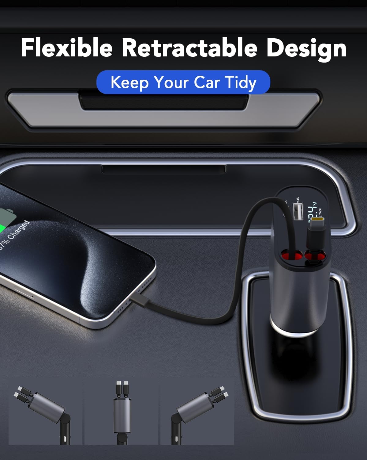 Retractable Car Charger, 4 in 1 Fast Car Phone Charger 66W, 2 Retractable Cables and USB Car Charger, Compatible with iPhone 16/15/14/13/12/11,Galaxy,Pixel