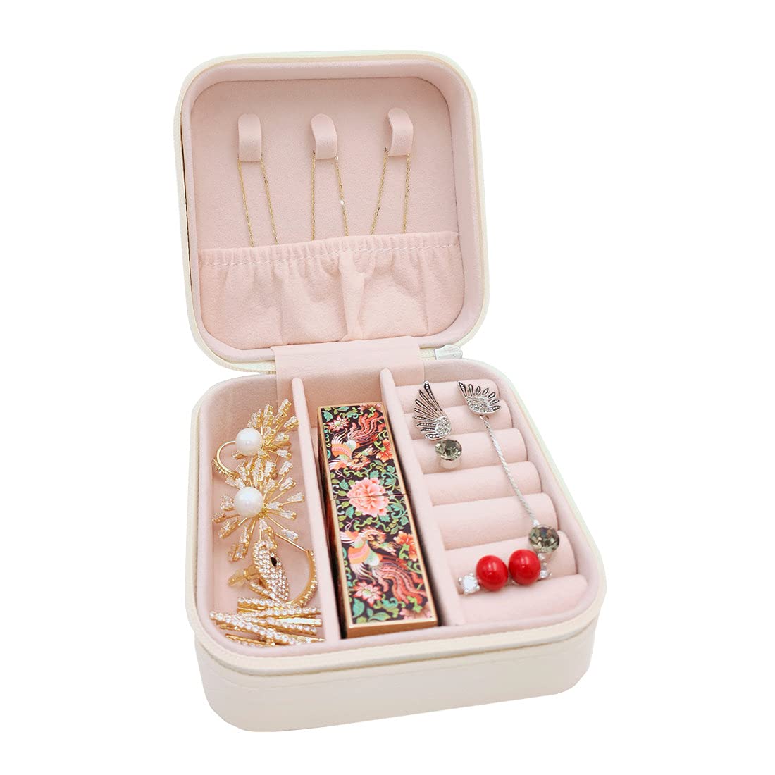 TRODANCE Mini Jewelry Travel Case,Small Travel Jewelry Organizer, Portable Jewelry Box Travel Mini Storage Organizer Portable Display Storage Box For Rings Earrings Necklaces (White)