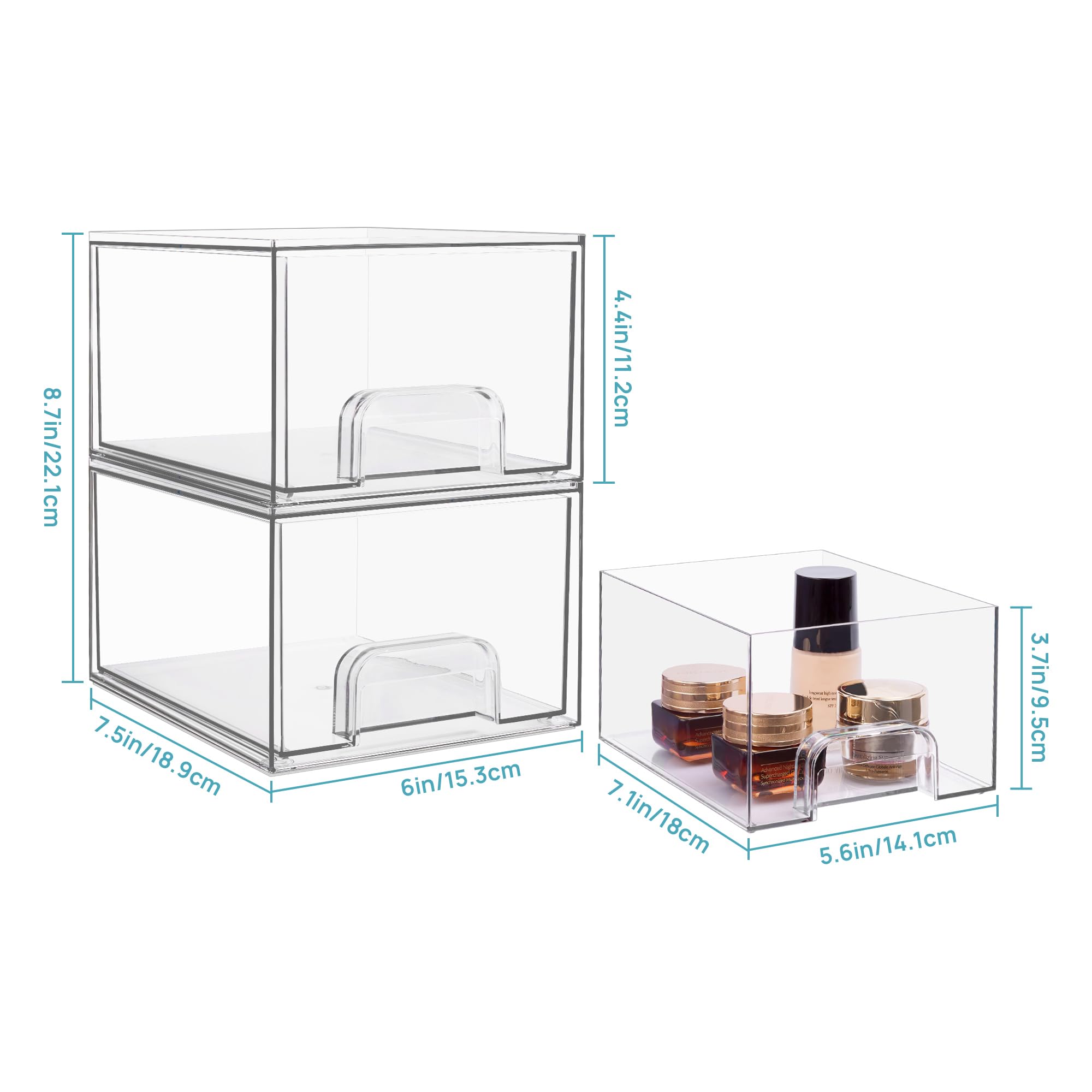 Vtopmart 4 Pack Clear Stackable Storage Drawers, 4.4'' Tall Acrylic Bathroom Makeup Organizer,Plastic Storage Bins For Vanity, Undersink, Kitchen Cabinets, Pantry, Home Organization and Storage