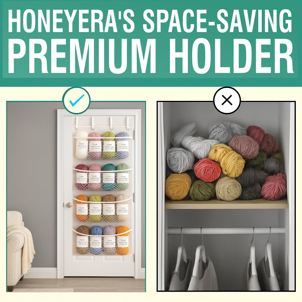 Honeyera Yarn Organizer and Storage Over The Door – Large Hanging Yarn Organizer with 4 Clear Mesh Compartments – Crochet Yarn, Knitting Supplies, Craft & Crochet Hook Storage Solution