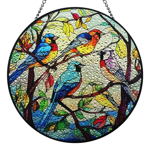 Huyfoig Cheerful Hummingbird Stained Glass Window Hanging, Birds on Branch Garden Suncatchers for Yard, Kitchen, Living Room, Hummingbird Gifts for Mom Grandma Teacher (Five Birds, 5.9"/15cm)