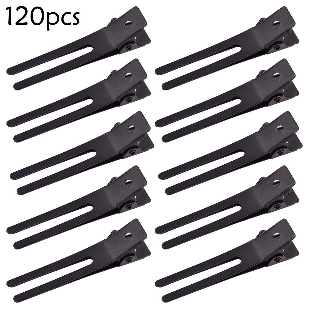 choicbaby 120pcs Double Prong Curl Clips, 1.8' Stainless Steel Hair Clips for Hair Bow, Great Pin Curl Clip, Hair Salon Barber (Black, 1.8 inches, 4.5 cm)