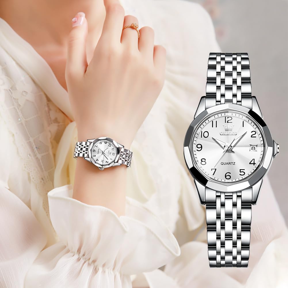 OLEVS Silver Women Watch Fashion Dress Ladies Watch, Two Tone Stainless Steel Strap Analog Quartz Waterproof Female Watch for Women Gift