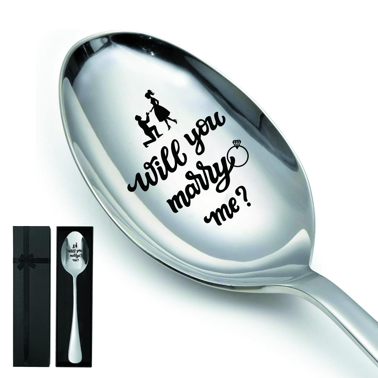 Will You Marry me, Funny engraved stainless steel spoon - Coffee/Tea/Ice Cream/Dessert/Cereal/Gourmet Spoon, Proposal Gift for Your Lover, Dngagement Gift, Comes With Black Gift Box