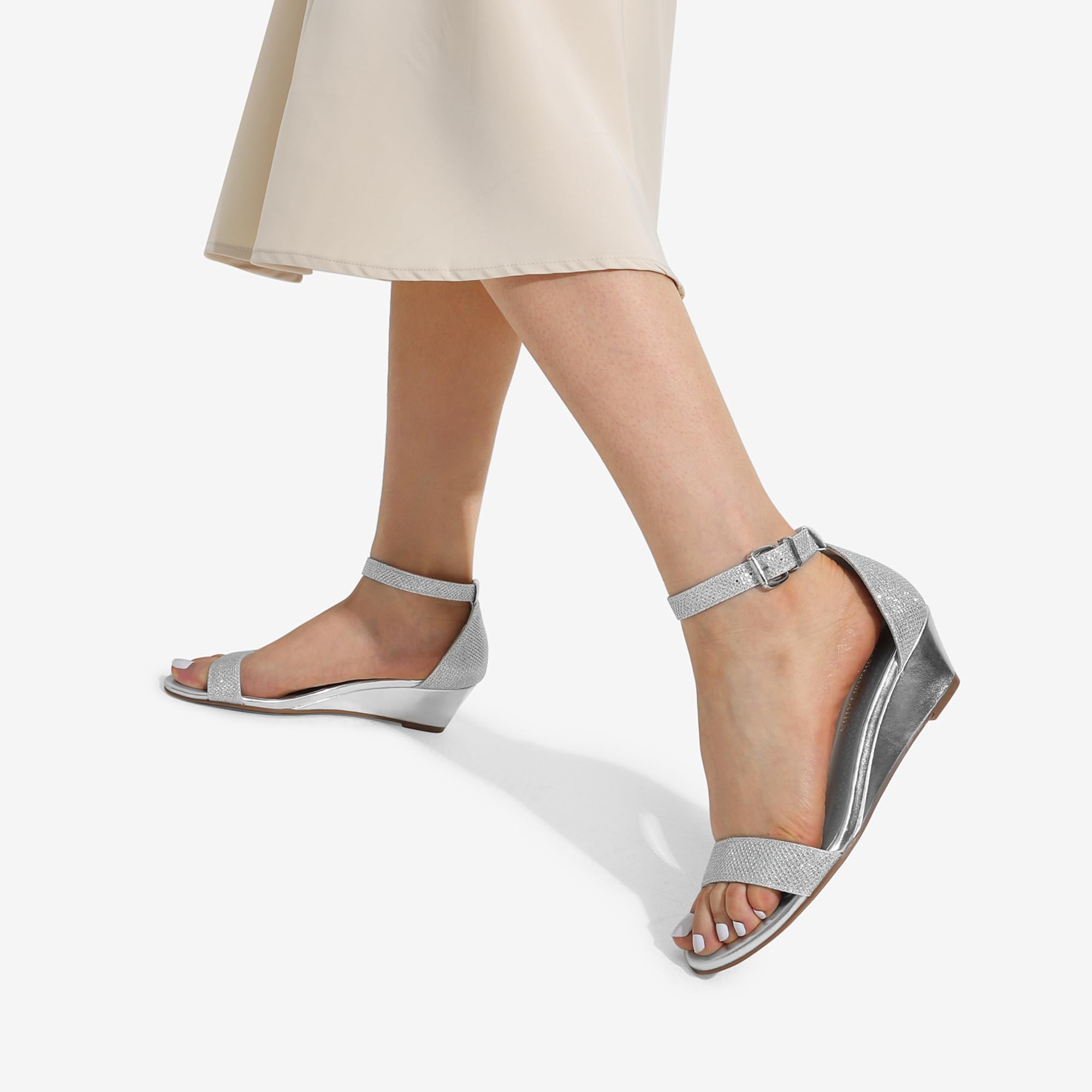 DREAM PAIRS Women's Ingrid Silver Plaid Ankle Strap Low Wedge Sandals Size 11 M US