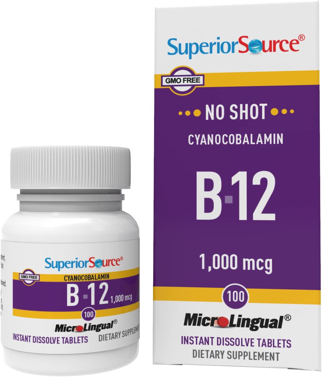 Superior Source No Shot Vitamin B12 Cyanocobalamin 1000 mcg, Quick Dissolve MicroLingual Tablets 100 Count, B12 Supplement to Increase Metabolism and Energy Production, Nervous System Support, Non-GMO