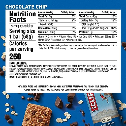 CLIF BAR - Chocolate Chip - Made with Organic Oats - Energy Bars - Non-GMO - Plant Based Protein Bars (15 Pack)