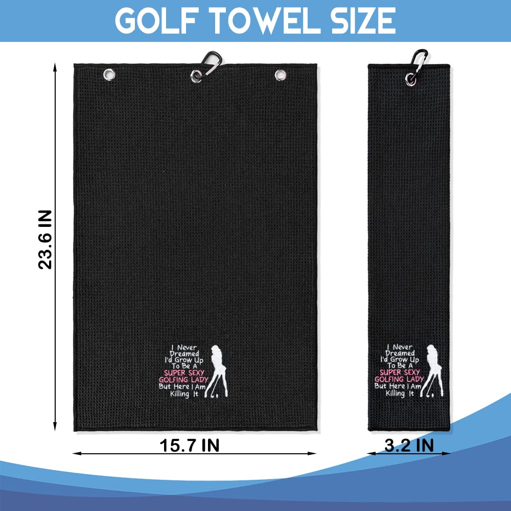 GEYGIE Super Sexy Golfing Lady Embroidered Golf Towels with Clip and Golf Brush with Retractable Extension Cord, Funny Golf Towel Gifts and Golf Accessories Set for Mom Women Daughter Wife Golf Fan