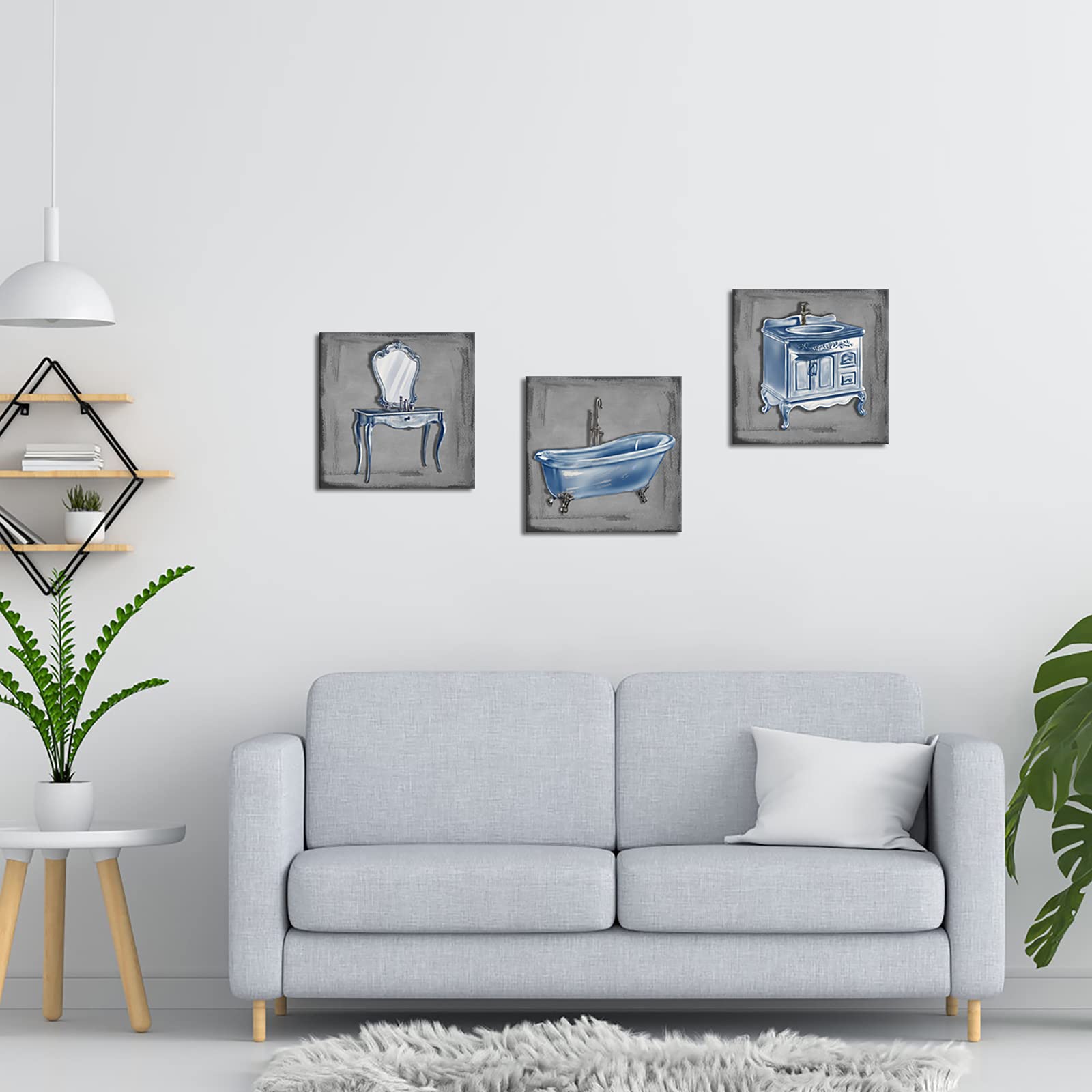 DuoBaorom 3 Pieces Bathroom Picture Wall Art Abstract Bathtub Vanity Set Wash Basin Grey and Blue Artwork for Bathroom Wash Room Decor Ready to Hang 12x12inchx3pcs