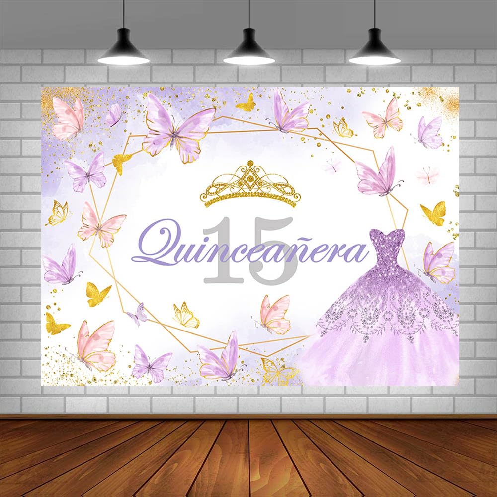 AIBIIN 7x5ft Quinceanera 15th Birthday Backdrop for Photography Purple 15th Birthday Party Decorations Background for Girls Crown Princess Dress Butterfly Banner Photo Props