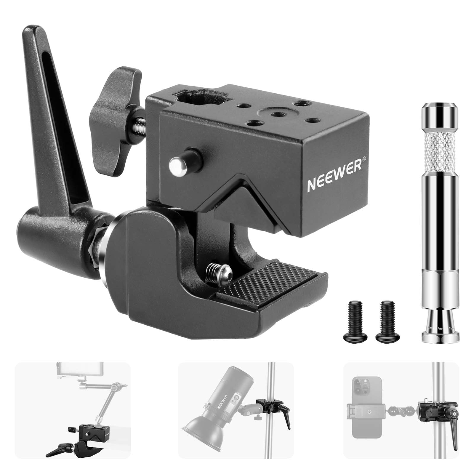 NEEWER Super Clamp with 5/8" Stud, Spring Lock, 2.4" Jaw Grip Heavy Duty Crab Pole Clamp for Round Pipe Flat Surface, for Photography Studio Camera Lighting Mounting, Max Load 33lb/15kg, UA017