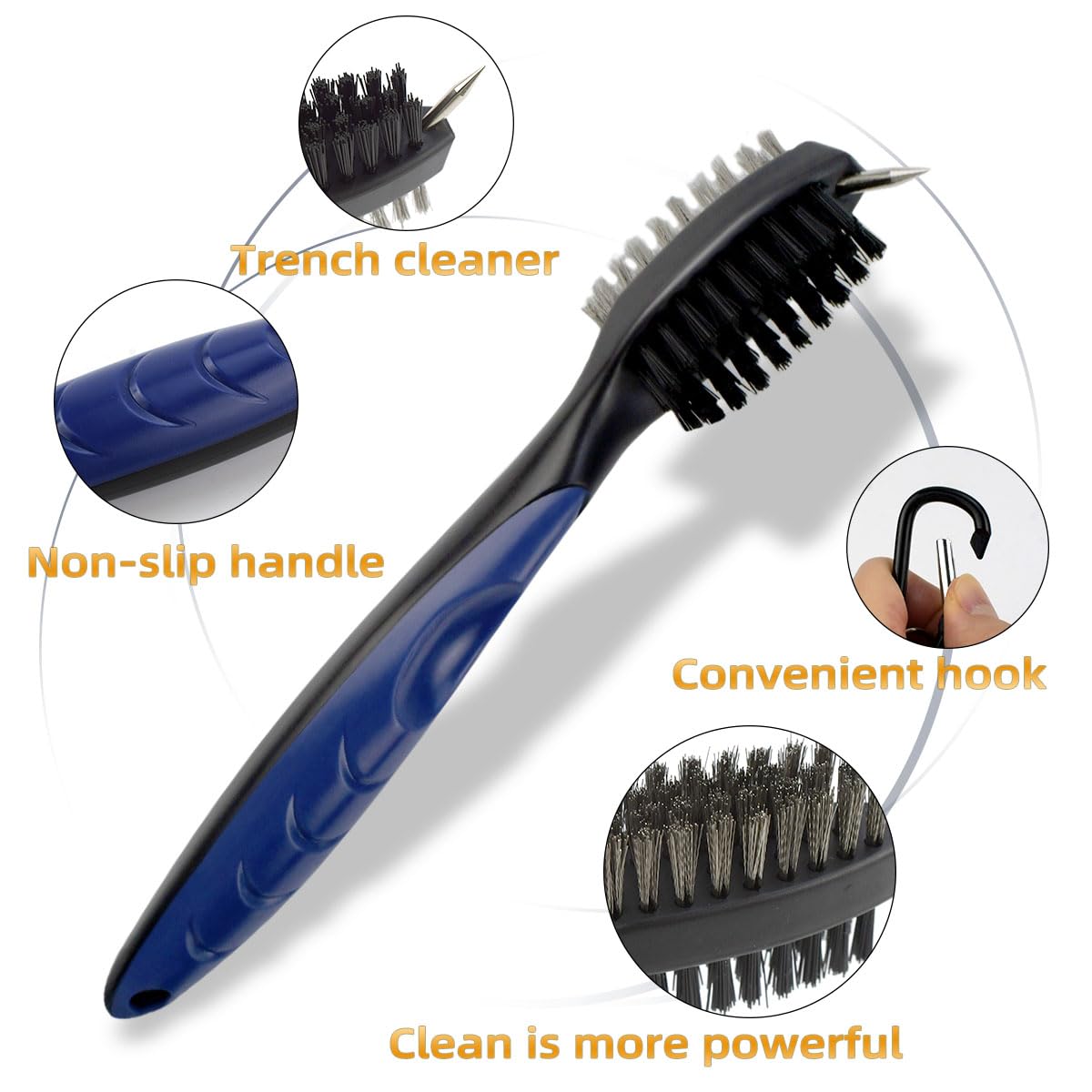 Golf Club Brush and Groove Cleaner Retractable Zip-Line Golf Cleaning Tool Golf Club Brushes with Aluminum Carabiner Oversized Head Spike Non-Slip Handle Grip Golf Club Cleaner Golf Bag Brush Tools