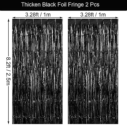 Thicken Black Foil Fringe Curtains Decorations 3.2x8.2ft - 2 Pack, Photo Backdrop for Birthday Bachelorette Bridal Shower Baby Shower Graduation Party, Party Streams Decor