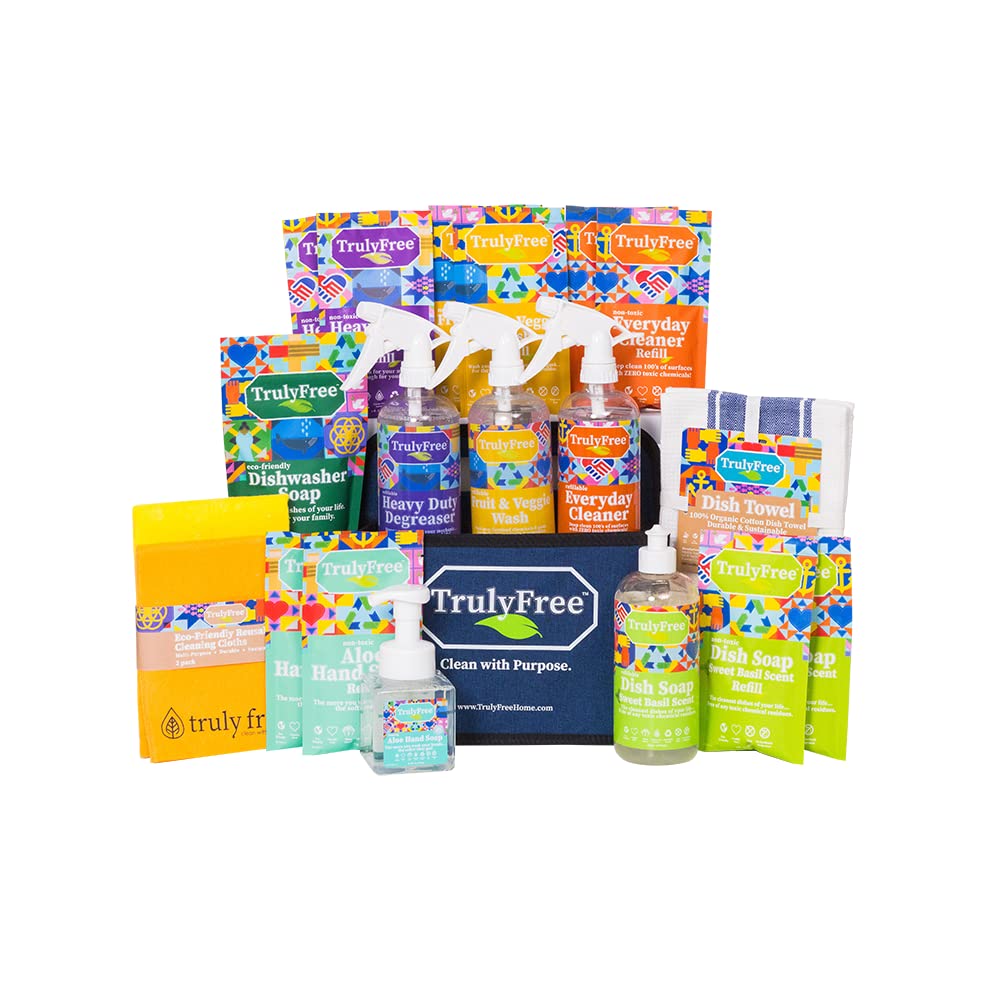 Truly Free All-In-One Kitchen Cleaning Supplies Bundle, 9-Item Natural and Organic Cleaning Supplies Set, Home Cleaning Kit with Pet Safe Products, Plant Based Cleaning Products