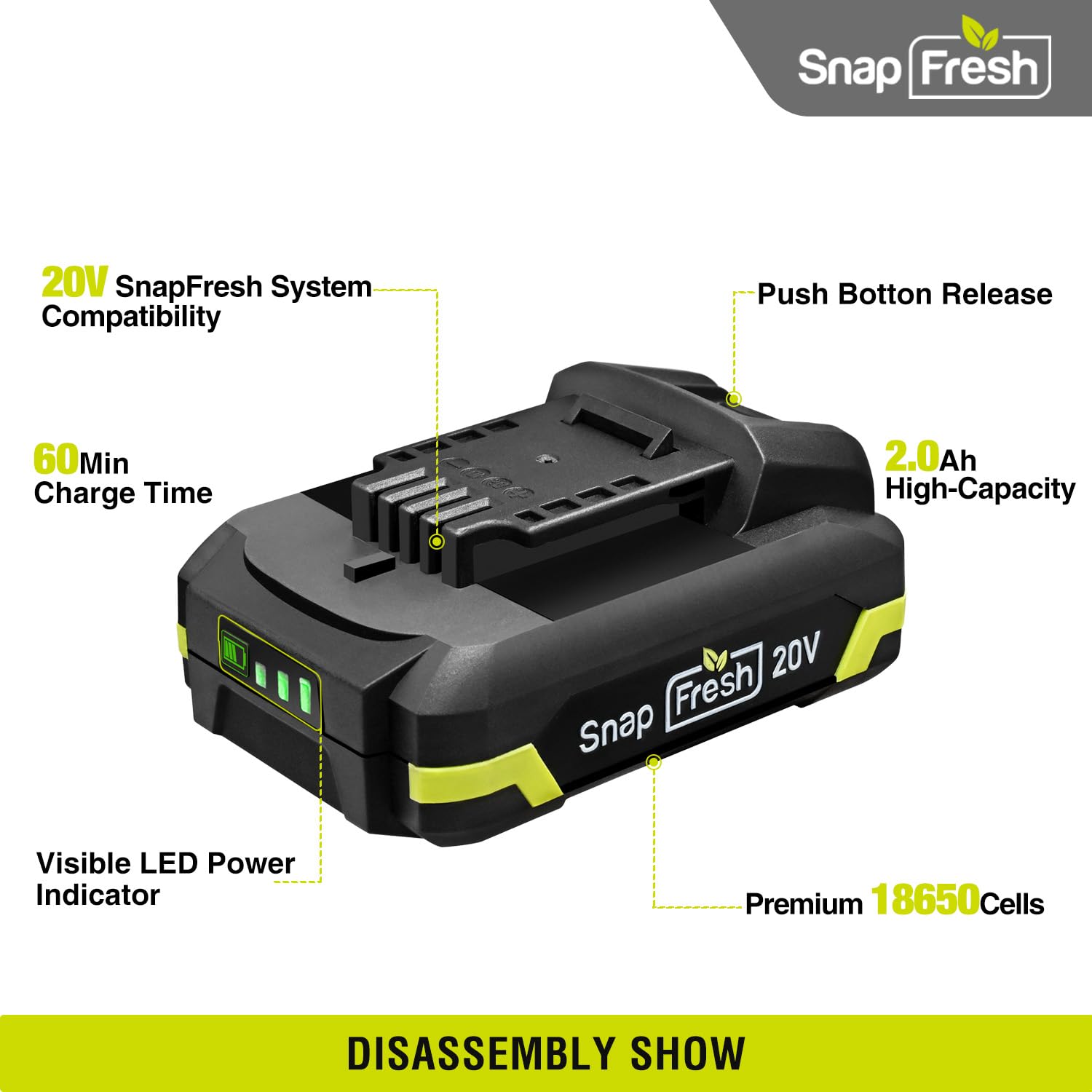 SnapFresh 20V 2.0Ah Li-ion Battery, (Not Works with Other Brands), Lithium-Ion Battery Support Fast Charging(BBT-DC20A)