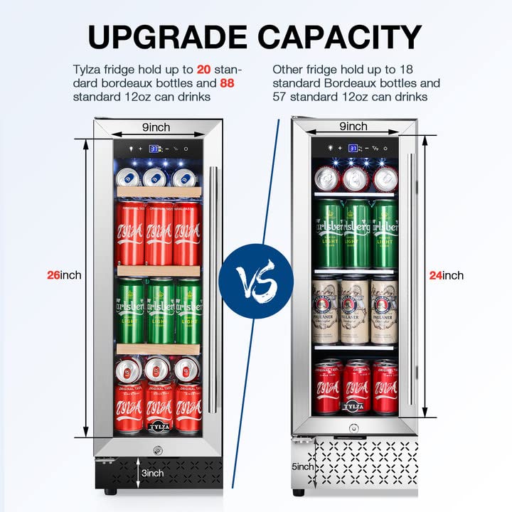 Tylza 24 Inch Wine Cooler Refrigerator 51 Bottle Built-in or Freestanding 24'' Fridge with Stainless Steel & Double Layer Tempered Glass Door and Temperature Memory Function