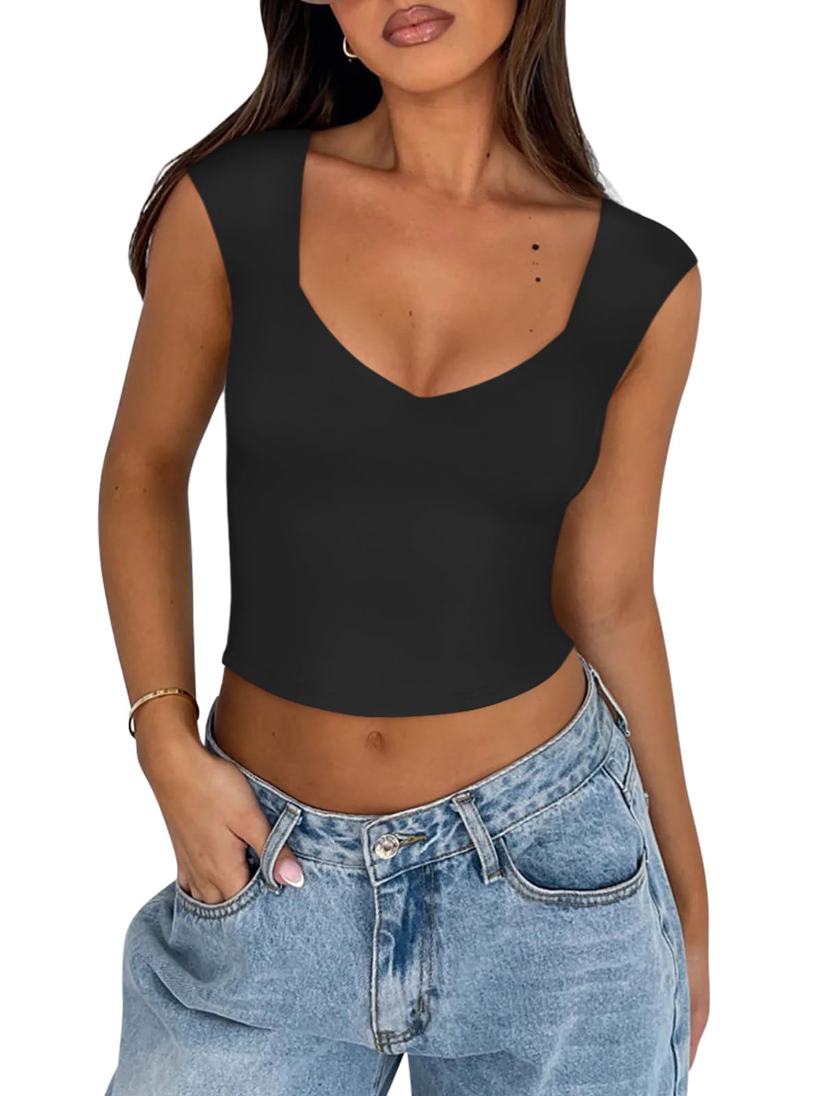 REORIA Women's Summer Sexy Casual V Neck Double Lined Seamless Sleeveless Slimming Going Out Trendy Basic Crop Tank Top Tees Black Medium
