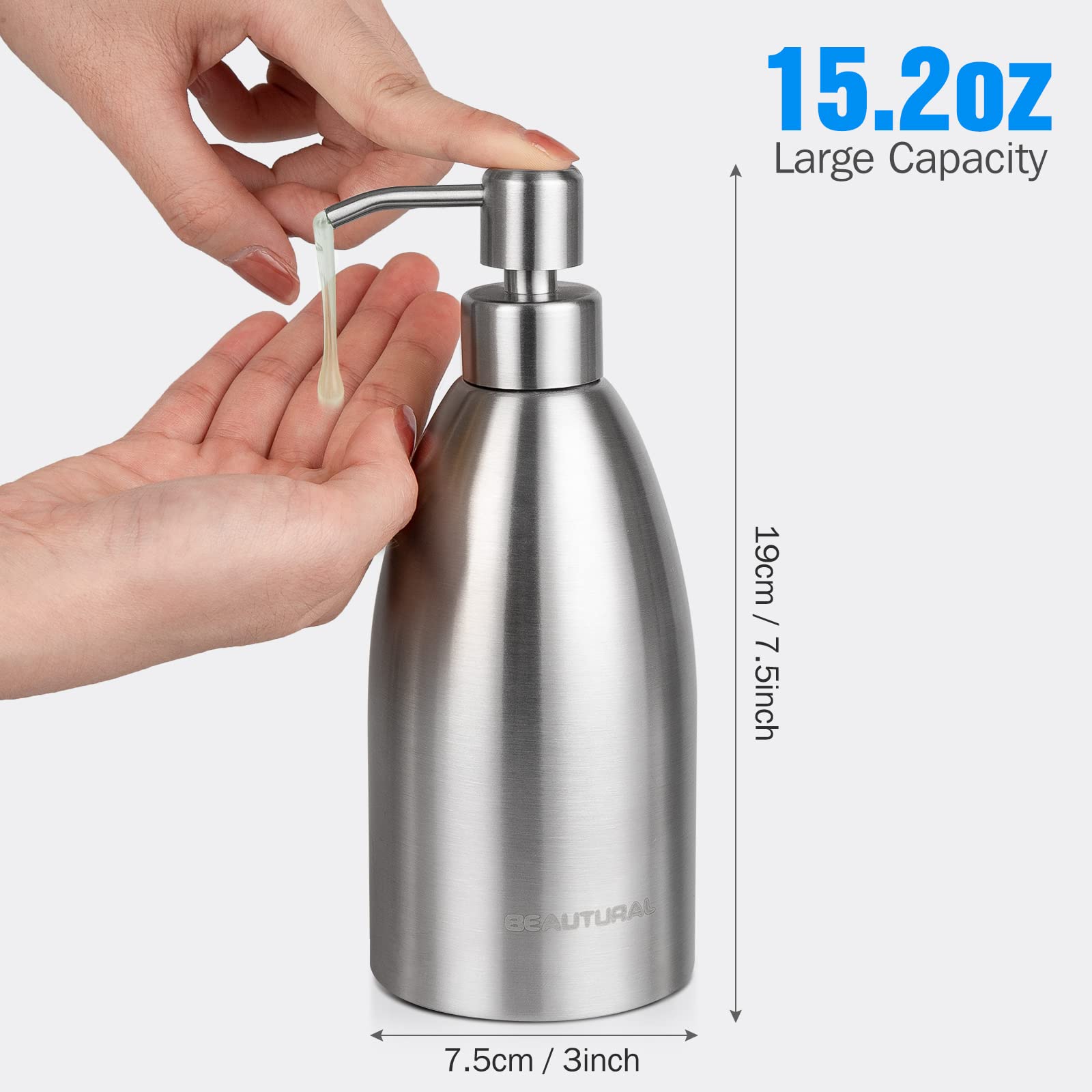 BEAUTURAL Stainless Steel Countertop Soap Dispenser 15.2 Oz, Rust-Proof Liquid Soap Pump Bottle for Kitchen, Bathroom and Countertop Hand Dish Lotion[Upgraded Version]