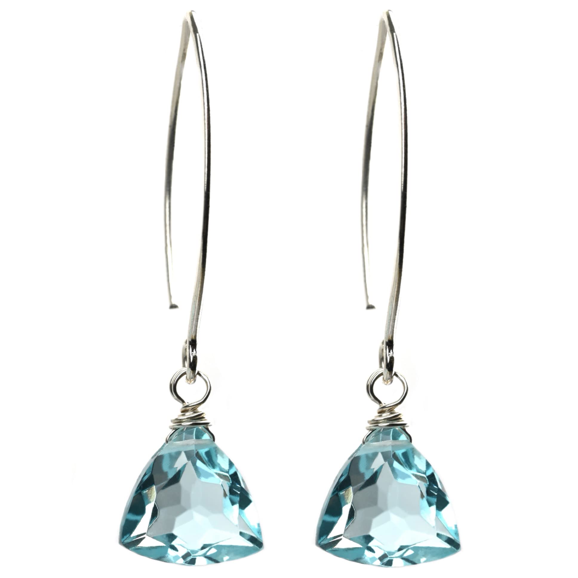 Handmade Dangle Earrings for Women - Aquamarine Blue Quartz Sterling Silver Earrings in Gift Box - Sparkly Blue Quartz Trillion - Lightweight Dangling Earrings - Trendy Long Dangly Drop Earrings