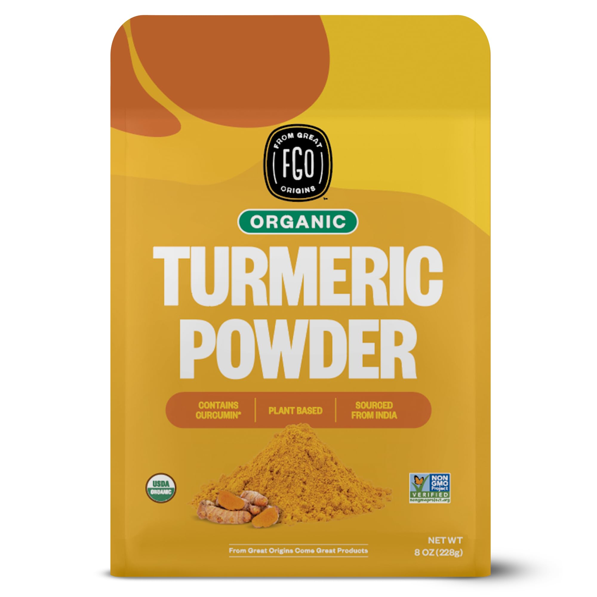 FGO Organic Turmeric Powder w/Curcumin, from India, 8oz, Packaging May Vary (Pack of 1)