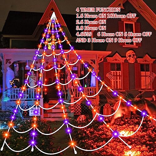 Aitbay Halloween Decorations Outdoor Spiders Web Lights: 150 Purple & Orange LED Light Decor, 17.4Ft Giant Spiderweb with 8 Lighting Modes Waterproof & Timer, Yard Spider Web Decoration