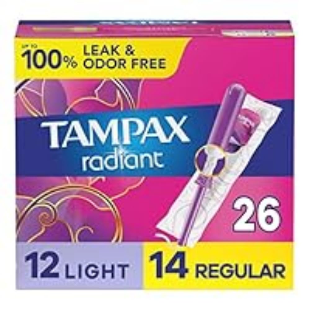 Tampax Radiant TamponsDuo Pack with LeakGuard Braid, Light/Regular Absorbency, Unscented, 26 Count