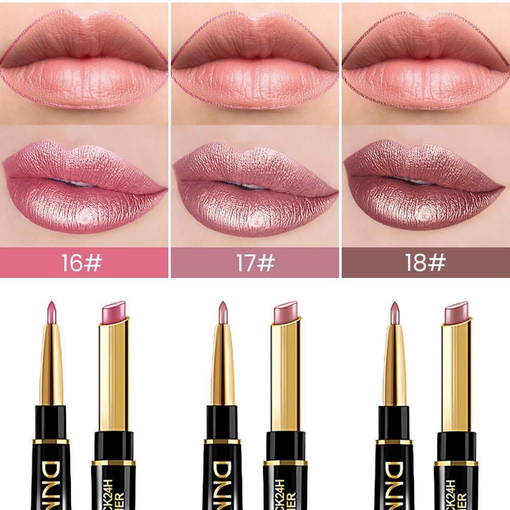 evpct 3Pcs Light Pink Nude Brown Metallic Shine Shimmer Lip Liner and Lipstick Combo Set Kit for Women, DNM Lightweight Hydrating Formula High Impact Full Coverage Lipstick and Lip Liner Makeup Gloss