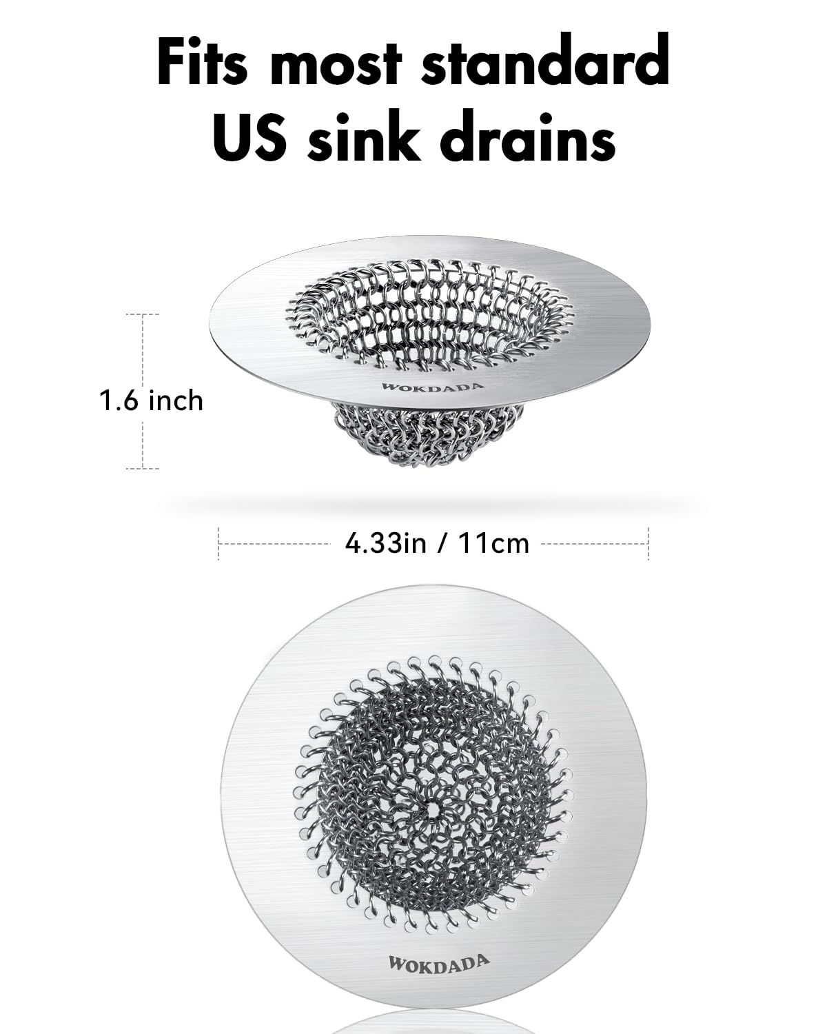 Wokdada Sink Drain Strainer, Reversible No Clog Mesh Kitchen Sink Drain Strainer, 304 Stainless Steel & Rust-Proof/Masterfully Handcrafted, Easy Clean, Dishwasher Safe, Fits Standard Sink Drain