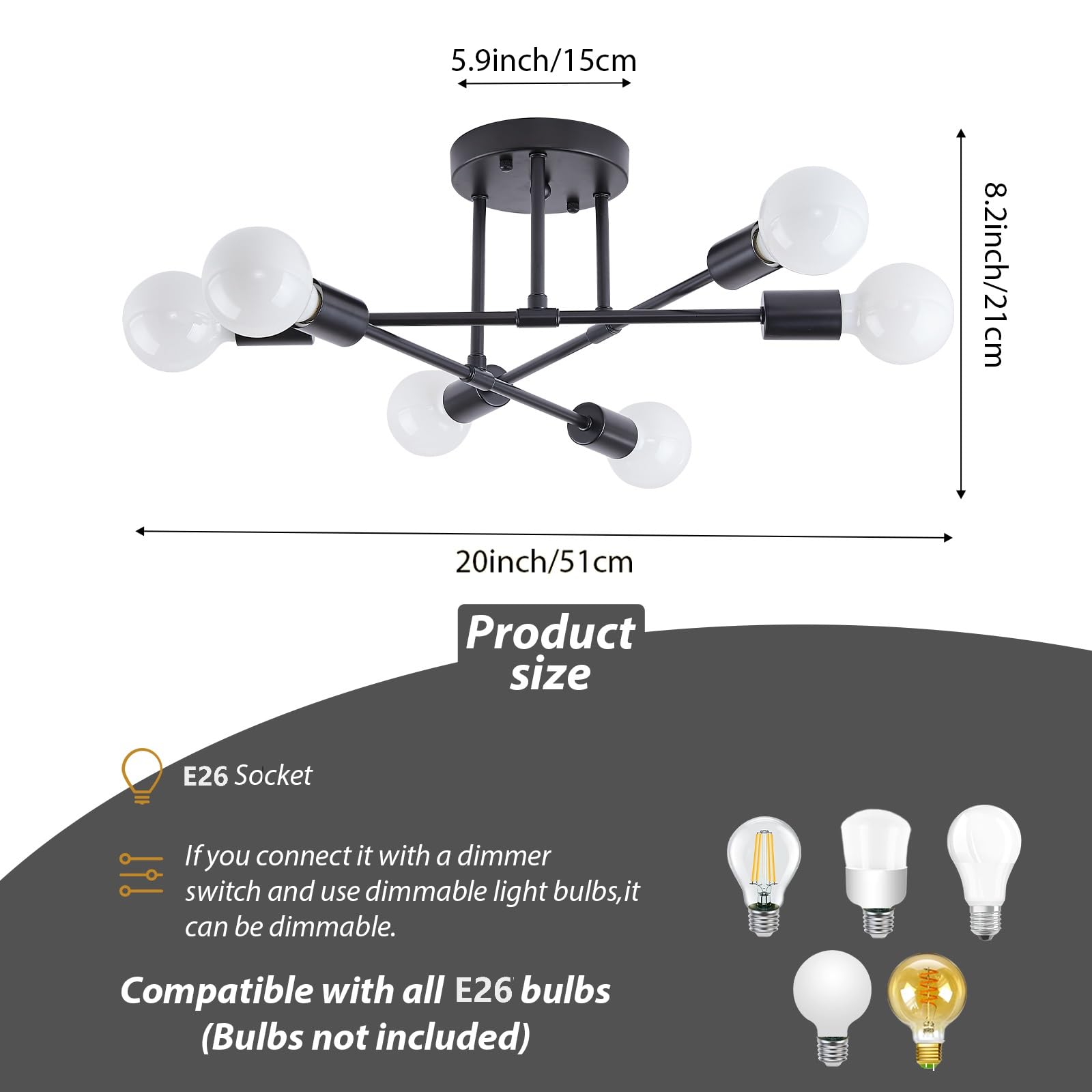 Dellemade Modern Sputnik Chandelier, 6-Light Ceiling Light, Flush Mount Ceilihg Light Fixture for Bedroom,Dining Room,Kitchen,Office,Black