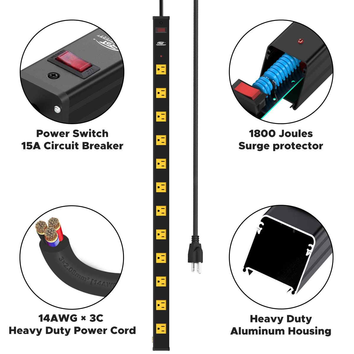 CRST Heavy Duty Surge Protector Power Strip Wide Spaced 12-Outlet 15 Feet Long Extension Cord with Mounting Brackets 15A Circuit Breaker 1800 Joules…