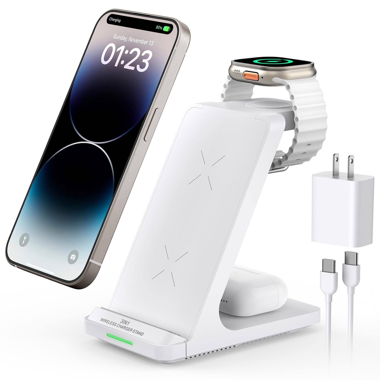 Wireless Charging Station, 3 in 1 Fast Wireless Charger Stand for Multiple Devices Apple Watch Ultra Series 9 8 7 6 SE 5 4 3 2, iPhone 16 15 14 13 12 11 Pro Max/Plus/Mini/X/XS/Max/XR/SE, Airpods