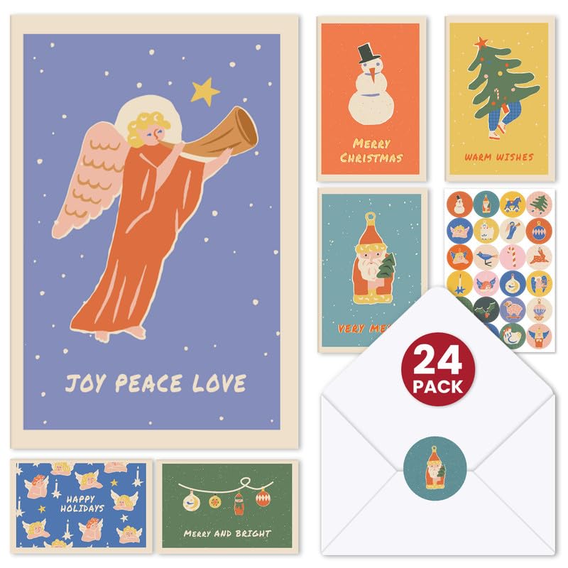 Taja Christmas Cards Set of 24 with Vintage Designs, Christmas Cards with Envelopes, Stickers & Storage Box, Assorted Christmas Cards Bulk, Perfect to Send Warm Holiday Wishes to Friends and Family