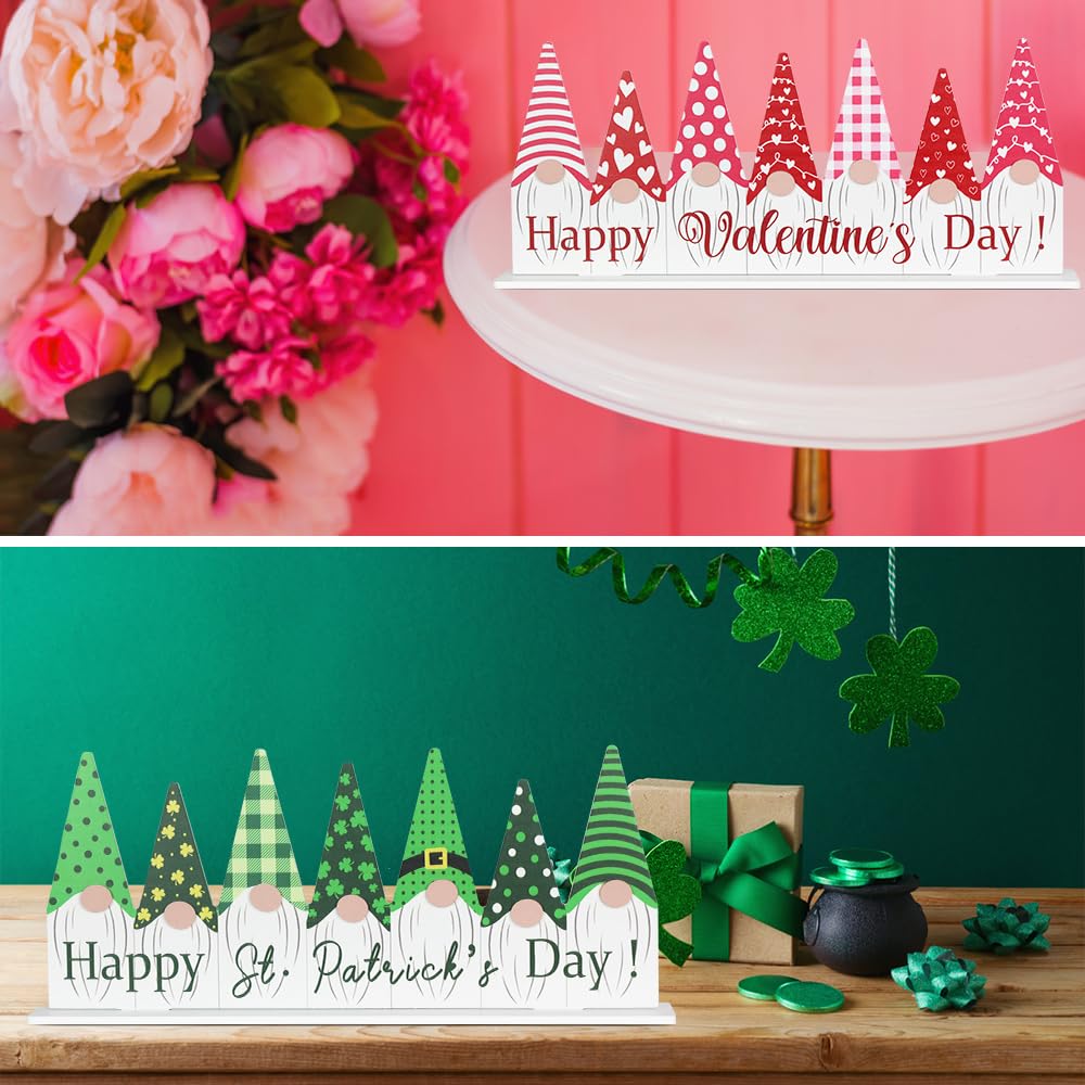 Valentines Day Decor & St Patricks Day Decorations, DECSPAS 1PC Double-sided Pink Green Gnome Valentines Decorations, Happy Valentine's Day Sign Valentine Decor Decorations for the Home, Table, Mantle