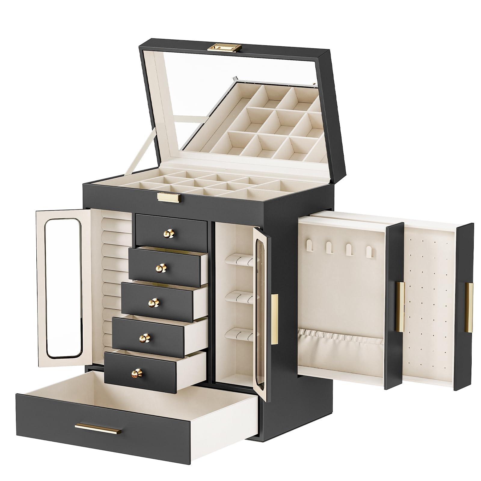 HOOBRO Jewelry Box, Jewelry Organizer Box, Top Lid with Mirror, Removable Drawers, 10.2" L x 6.5" W x 12.6" H, Mother's Day Gift, for Yourself or Your Loved Ones, Black BK07JB04