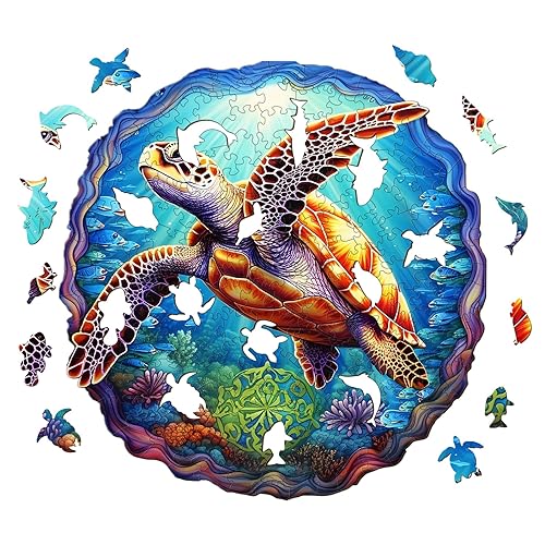 Wooden Jigsaw Puzzle for Adult, Puzzle Wooden Jigsaw, Adults Wooden Jigsaw Puzzles -DEEP SEA TURTLES- Animal Wooden Puzzle - A5-8.4 * 8.7in - 100pcs