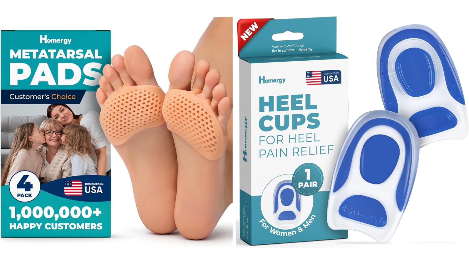 Metatarsal Foot Pads (4-Pack) + Gel Heel Cups (2-Pack, Size M) – All-Day Foot Cushioning Bundle for Forefoot & Heel Comfort, Shock Absorption & Daily Support